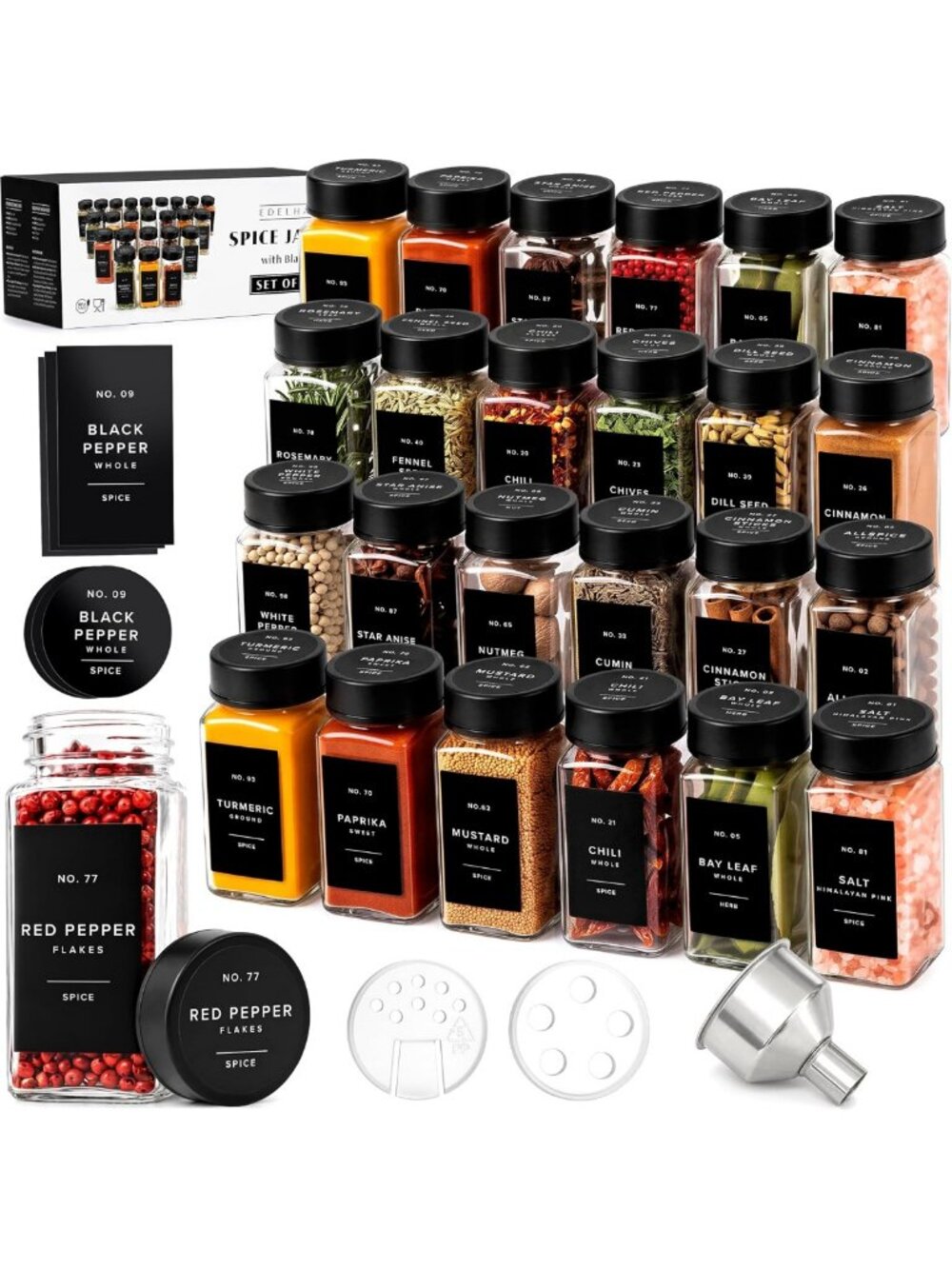 24 Glass Spice Jars Set with Labels & Black Steel Lids - Perfect for Seasoning